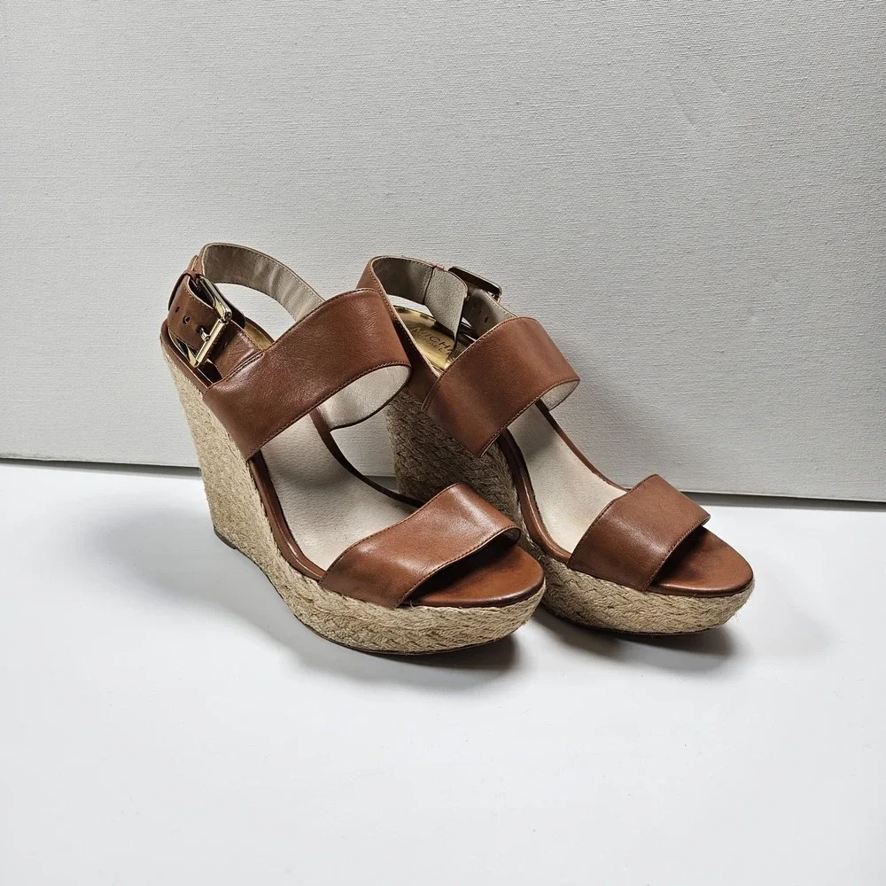 Michael Kors Women's Brown Leather Wedge Sandals Size 9.5 Ankle Strap Buckle